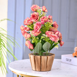 Artificial Rose Flower Plant with Wooden Pot