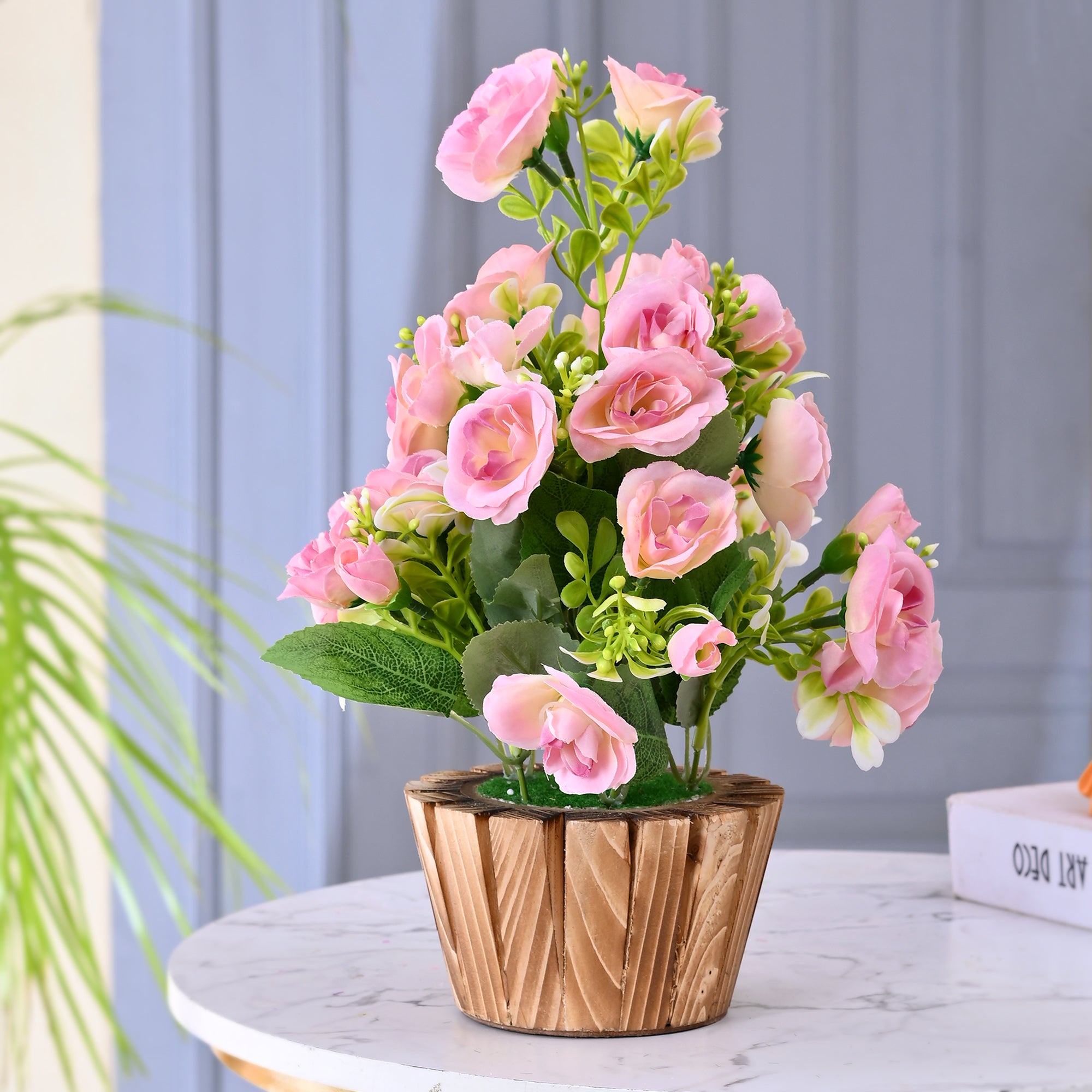 artificial rose plant in pot Artificial Pink Rose Flower With Wooden Pot – Nainileaf