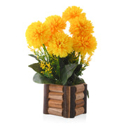 Yellow Artificial Dense Flowers With Wooden Pot