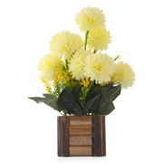 White Artificial Flower Marigold with Wooden Pot