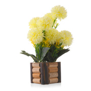 White Artificial Flower Marigold with Wooden Pot