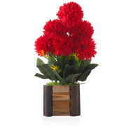 Red Artificial Flower Marigold with Wooden Pot