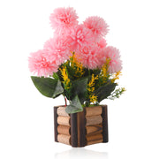 Pink Artificial Flower Marigold with Wooden Pot