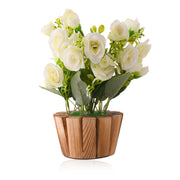 White Artificial Rose Flower Plant with Wooden Pot