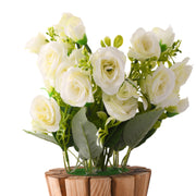 White Artificial Rose Flower Plant with Wooden Pot