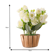 White Artificial Rose Flower Plant with Wooden Pot