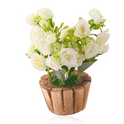 White Artificial Rose Flower Plant with Wooden Pot