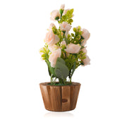 Artificial Peach Rose Flower Plant With Wooden Pot