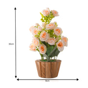 Artificial Peach Rose Flower Plant With Wooden Pot