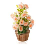 Artificial Peach Rose Flower Plant With Wooden Pot