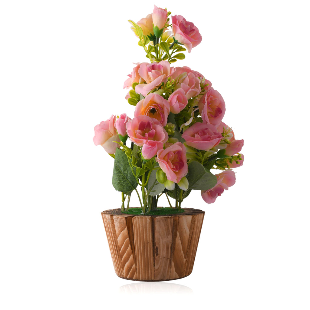 Artificial Pink Rose Flower With Wooden Pot – Nainileaf