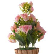 Artificial Pink Rose Flower With Wooden Pot