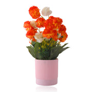 Artificial Orange and White Chrysanthemum Bouquet in Pink Ribbed Pot