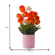 Artificial Orange and White Chrysanthemum Bouquet in Pink Ribbed Pot