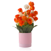 Artificial Orange and White Chrysanthemum Bouquet in Pink Ribbed Pot