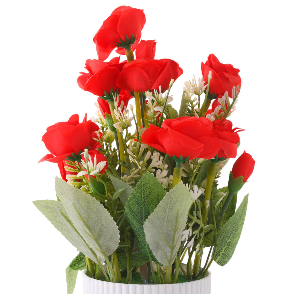 Artificial Red Rose Bouquet in White Ribbed Pot – Nainileaf