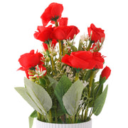 Artificial Red Rose Bouquet in White Ribbed Pot