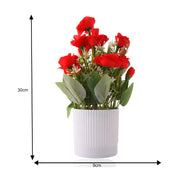 Artificial Red Rose Bouquet in White Ribbed Pot