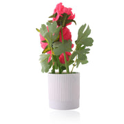 Elegant Faux Pink Chrysanthemum in White Ribbed Pot