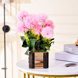 Pink Artificial Flower Marigold with Wooden Pot