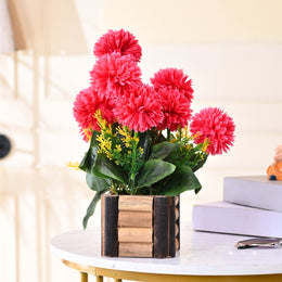 Artificial Pink Chrysanthemum Bouquet in Wooden Pot
