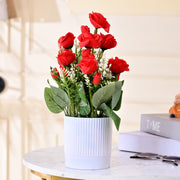 Artificial Red Rose Bouquet in White Ribbed Pot