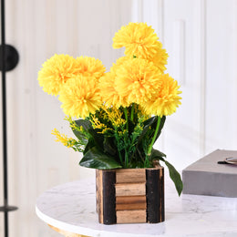 Yellow Artificial Dense Flowers With Wooden Pot