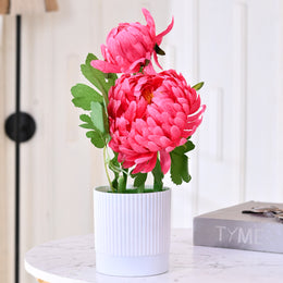 Elegant Faux Pink Chrysanthemum in White Ribbed Pot