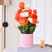Artificial Orange and White Chrysanthemum Bouquet in Pink Ribbed Pot