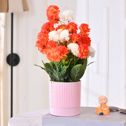 Artificial Orange and White Chrysanthemum Bouquet in Pink Ribbed Pot