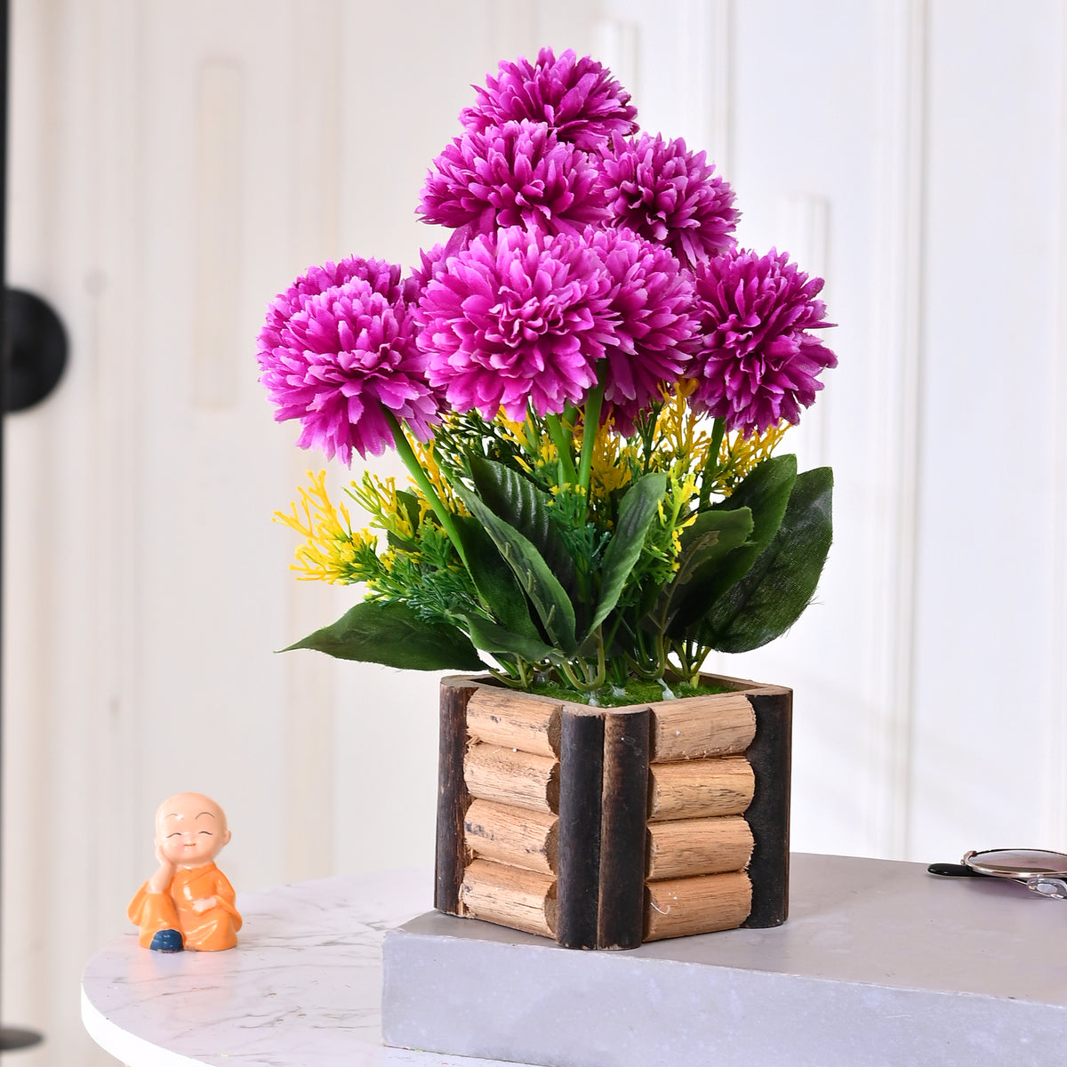 purple marigold seeds Artificial Purple Marigold Flower in Wooden Designer pot – Nainileaf