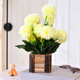 White Artificial Flower Marigold with Wooden Pot