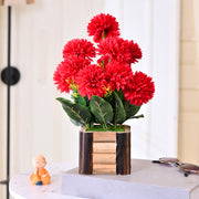 Red Artificial Flower Marigold with Wooden Pot