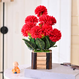 Red Artificial Flower Marigold with Wooden Pot