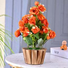 Home Decor Rose Bush Bouquet Silk Flower with Wooden Pot