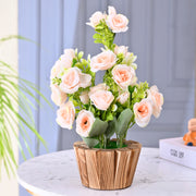 Artificial Peach Rose Flower Plant With Wooden Pot