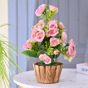 Artificial Pink Rose Flower With Wooden Pot