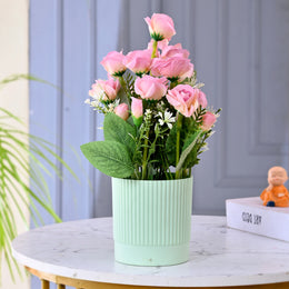 Artificial Pink Rose Flower Plant With Lined Pot