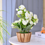 White Artificial Rose Flower Plant with Wooden Pot