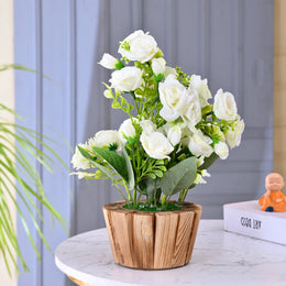 White Artificial Rose Flower Plant with Wooden Pot